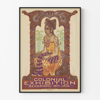 Historiallinen juliste – Semarangin kolonialistinen näyttely, 1914, ohuessa kehyksessä vaalealla seinällä.