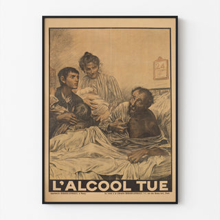 Historiallinen juliste – L’Alcool tue – Eugène Burnand, ohuessa kehyksessä vaalealla seinällä.