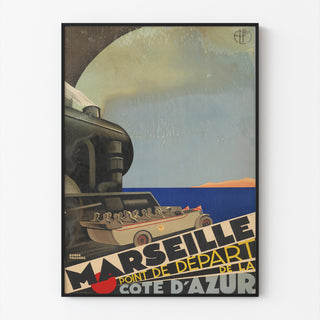 Vintageseinäjuliste Marseille – Côte d’Azur – Roger Broders, esitetty ohuessa kehyksessä vaalealla seinällä.