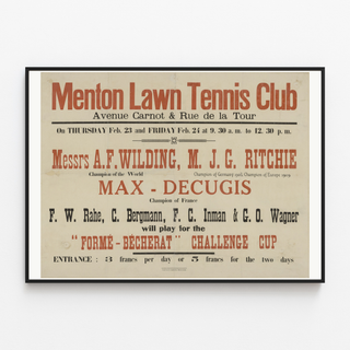 Menton Lawn Tennis Club -juliste, ohuessa kehyksessä vaalealla seinällä.