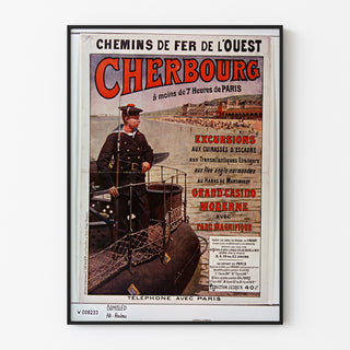Normandian vintage-juliste – Cherbourg, Chemins de fer de l’Ouest, ohut kehyksessä vaalealla seinällä.