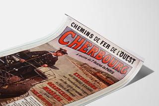 Normandian vintageseinäjuliste – Cherbourg, Chemins de Fer de l’Ouest, esitetty kaartuvalla paperilla perspektiivissä.