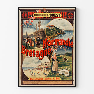 Normandian vintage-juliste – Normandia ja Bretagne — Ouestin rautatiet, ohuessa kehyksessä vaalealla seinällä.