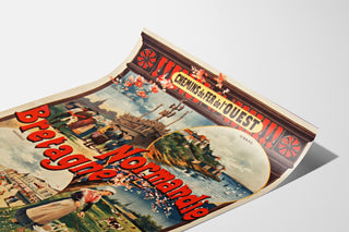 Vintage-juliste Normandia – Normandia ja Bretagne — chemins de fer de l’Ouest, esitetty käyryllä arkilla perspektiivistä nähtynä.