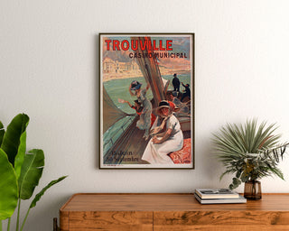 Normandian vintage-juliste – Trouville, casino municipal, kehystetty puulaatikon yläpuolelle, kasvien välissä.