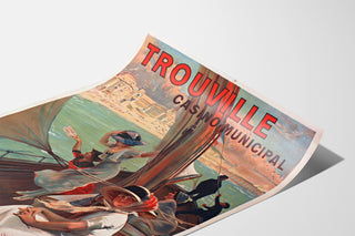 Vintagematkailujuliste Normandia – Trouville, kaupungin kasino, esitetty kaartuvalla paperilla perspektiivissä.