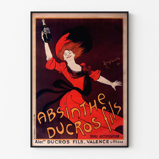 Vintage-mainosjuliste Absinthe Ducros, ohuessa kehyksessä vaalealla seinällä.