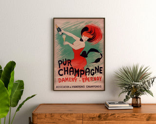 Vintage-mainosjuliste Champagne Damery-Épernay, kehystetty puulaatikon yläpuolella kasvien välissä.