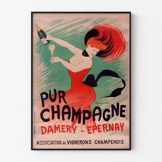 Vintage-mainosjuliste Champagne Damery-Épernay, ohut kehys vaalealla seinällä.