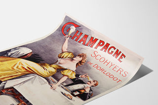 Vintage-mainosjuliste Champagne Scohyers de Dorlodot, esitetty kaartuvalla paperilla perspektiivistä nähtynä.