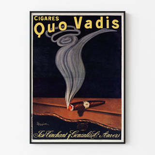 Vintagemainosjuliste Cigares Quo Vadis, esitetty ohuessa kehyksessä vaalealla seinällä.