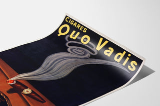 Vintagemainosjuliste Cigares Quo Vadis, esitetty kaartuvalla paperilla perspektiivissä.