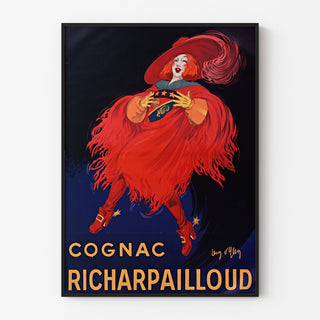 Vintage-mainosjuliste Cognac Richarpailloud, esillä ohuessa kehyksessä vaalealla seinällä.