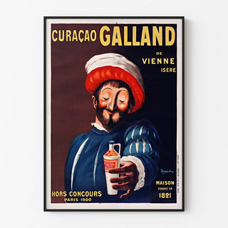 Vintage-mainosjuliste Curaçao Galland, ohutkehystetty vaalealla seinällä.