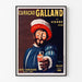 Vintage-mainosjuliste Curaçao Galland, ohutkehystetty vaalealla seinällä.