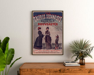 Vintage-mainosjuliste Galeries sedanaises, nouveautés, kehystetty puulaatikon yläpuolelle, kasvien välissä.