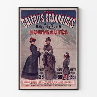 Vintage-mainosjuliste Galeries sedanaises, nouveautés, esillä ohuessa kehyksessä vaalealla seinällä.