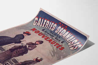 Vintage-mainosjuliste Galeries sedanaises, nouveautés, esillä kaartuvalla paperilla perspektiivistä nähtynä.
