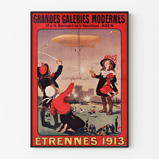Vintag-mainosjuliste Grandes Galeries modernes, Agen, ohutkehyksessä vaalealla seinällä.