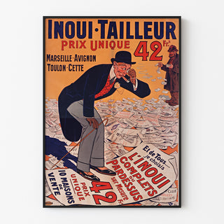 Vintage-mainosjuliste Inoui-Tailleur, ohuessa kehyksessä vaalealla seinällä.