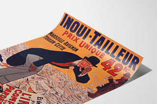 Mainosjuliste vintage Inoui-Tailleur, esitetty kaarevalla paperilla perspektiivissä.