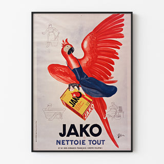 Vintagemainosjuliste Jako nettoie tout, esitetty ohuessa kehyksessä vaalealla seinällä.