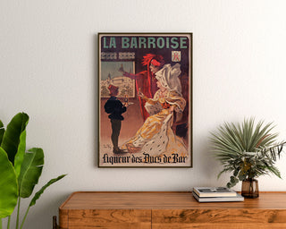 Vintage-mainosjuliste La Barroise, kehystetty puulaatikon yläpuolella kasvien välissä.