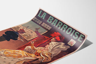 Vintage-mainosjuliste La Barroise, esitetty kaartuvalla paperilla perspektiivistä nähtynä.