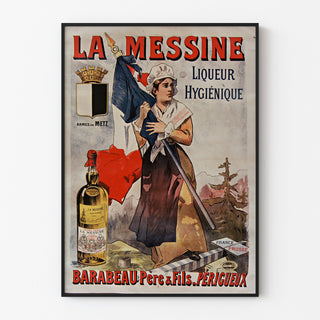 Vintage-mainosjuliste La Messine, likööri, ohuessa kehyksessä vaalealla seinällä.