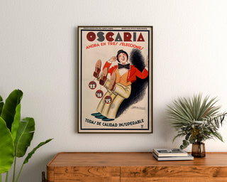 Vintagemainosjuliste Oscaria, kengät, kehystetty puulaatikon yläpuolelle, kasvien välissä.