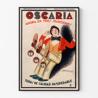 Vintagemainosjuliste Oscaria, kengät, esitetty ohuessa kehyksessä vaalealla seinällä.
