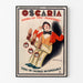 Vintagemainosjuliste Oscaria, kengät, esitetty ohuessa kehyksessä vaalealla seinällä.