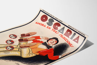 Vintagemainosjuliste Oscaria, kengät, esitetty kaartuvalla arkilla, perspektiivikuva.