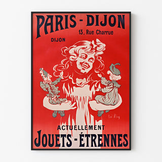Vintage-mainosjuliste Paris–Dijon, lelut ja uutuudet, ohuessa kehyksessä vaalealla seinällä.