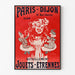 Vintage-mainosjuliste Paris–Dijon, lelut ja uutuudet, ohuessa kehyksessä vaalealla seinällä.