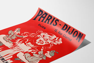 Vintage-mainosjuliste Paris–Dijon, lelut ja uutuudet, esitettynä kaartuvalla paperiarkilla perspektiivissä.