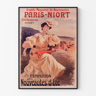 Mainosjuliste vintage Paris-Niort, kesän uutuudet, esitetty ohuessa kehyksessä vaalealla seinällä.