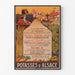 Vintageseinäjuliste Potasses d’Alsace -mainosjuliste, esitetty ohuessa kehyksessä vaalealla seinällä.