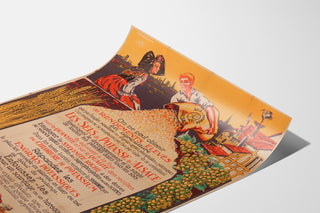 Vintageseinäjuliste Potasses d’Alsace -mainosjuliste, esitetty kaartuvalla arkilla perspektiivissä.