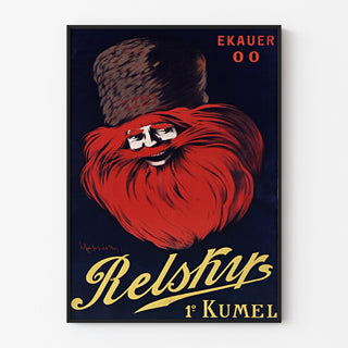 Vintage-mainosjuliste Relskyr - 1° Kumel, ohutkehystetty vaalealla seinällä.