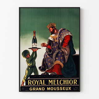 Vintage-mainosjuliste Royal Melchior, grand mousseux, ohutkehystetty vaalealla seinällä.