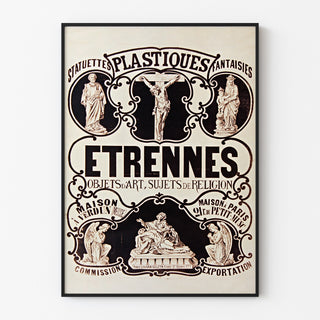 Vintagetyylinen mainosjuliste Verdun, patsaiden ja lahjojen aihe, ohueen kehykseen asetettuna vaalealla seinällä.