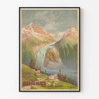 Vanha opetusjuliste – Mer de Glace – Hugo d’Alési, ohutkehyksessä vaalealla seinällä.