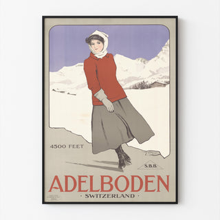 Sveitsin vintageseinäjuliste – Adelboden – Carlo Pellegrini, 1905, esitetty ohuessa kehyksessä vaalealla seinällä.