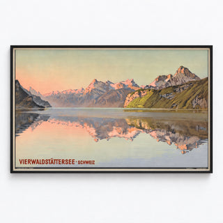Sveitsin vintage-juliste – Vierciönjärvi (Lac des Quatre-Cantons) – Jakob Wyss, ohuessa kehyksessä vaalealla seinällä.