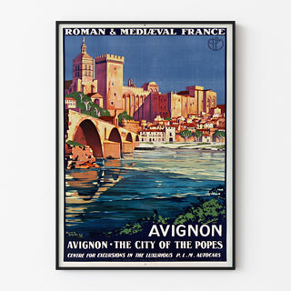 Vintage-matkailujuliste – Avignon, romaninen ja keskiaikainen Ranska, ohuessa kehykssä vaalealla seinällä.