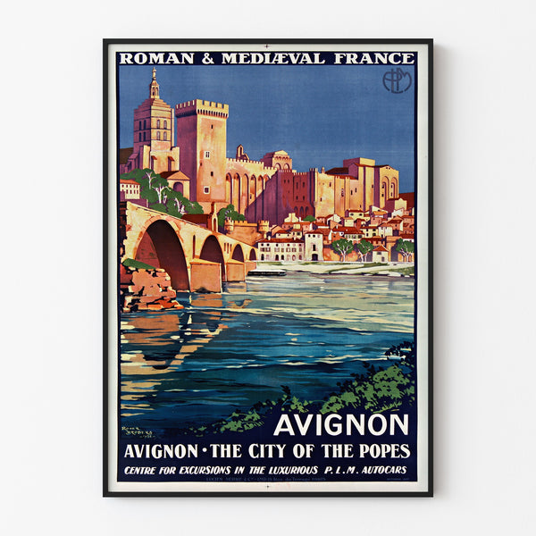 Vintage-matkailujuliste – Avignon, romaninen ja keskiaikainen Ranska, ohuessa kehykssä vaalealla seinällä.
