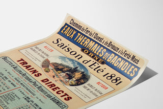 Vintage-matkailujuliste – Bagnoles, kuumat lähteet, esillä kaartuvalla arkilla perspektiivistä kuvattuna.
