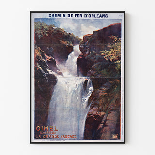 Vintagematkailujuliste – Gimel, la Grande Cascade, ohuessa kehyksessä vaalealla seinällä.
