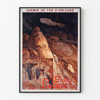 Turistivintag-juliste – Grottes de Lacave, Rocamadour, ohutkehyksessä vaalealla seinällä.
